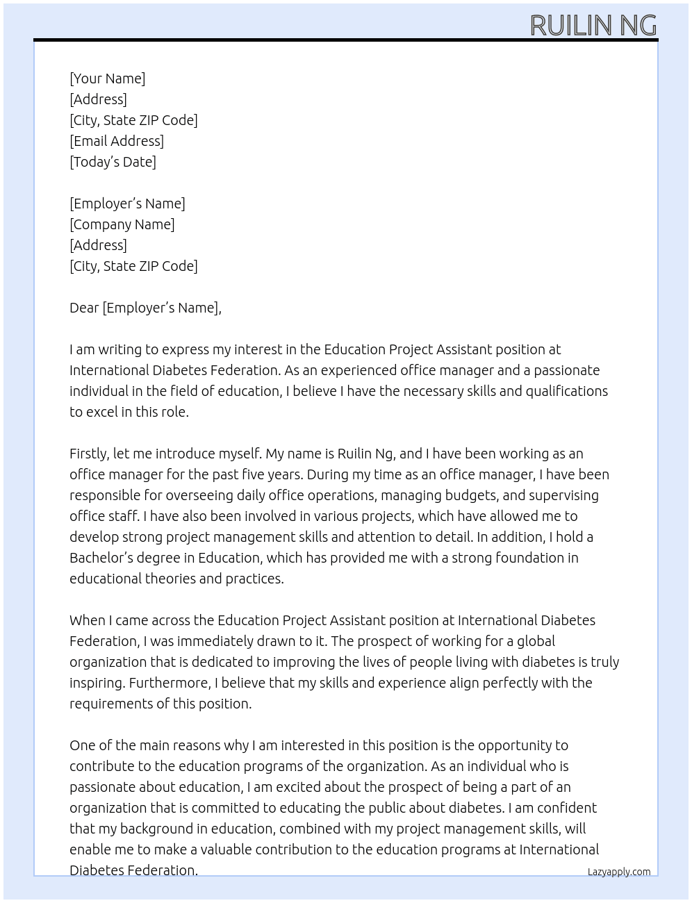 Education project assistant At International diabetes federation Cover Letter