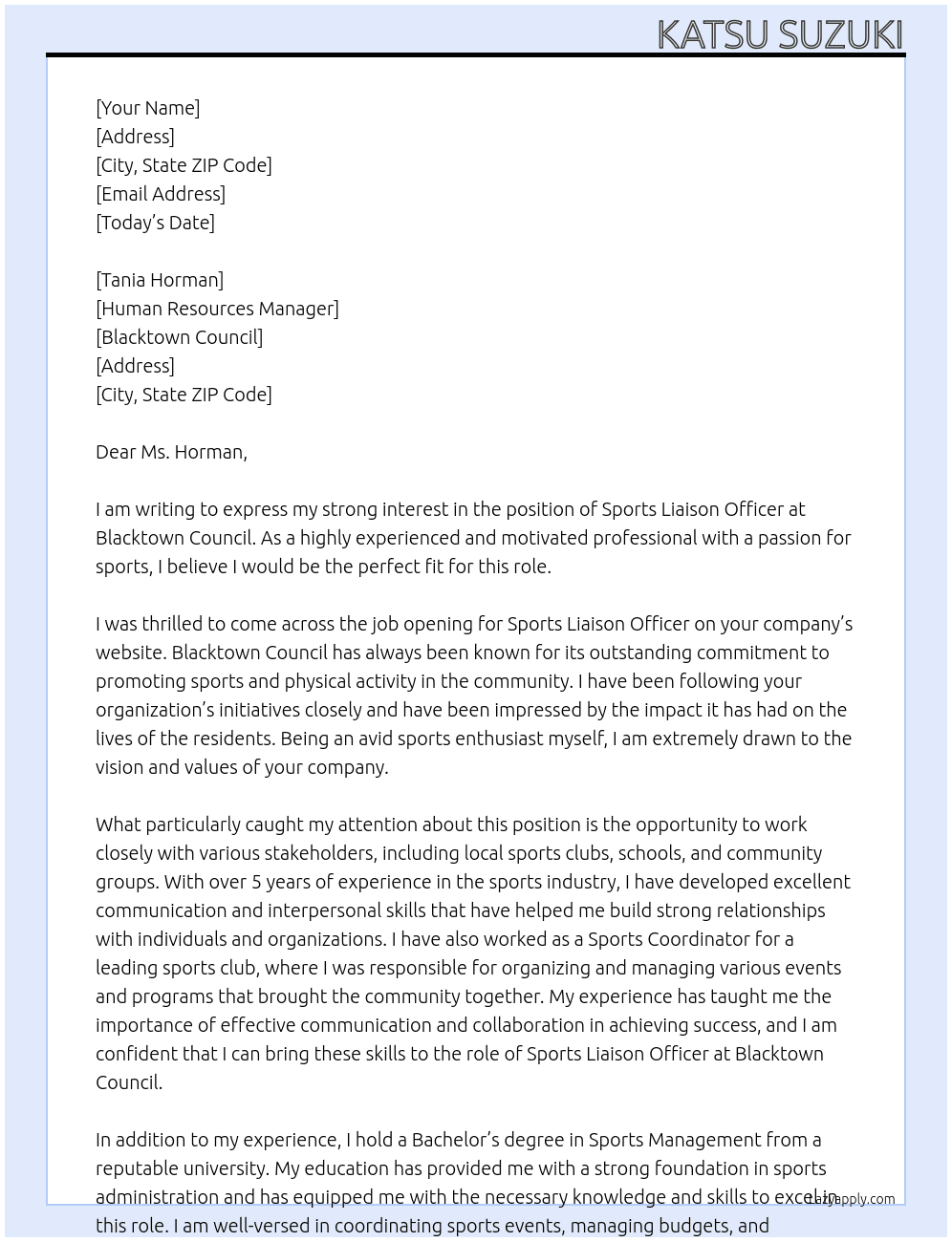 Sports Liason Officer At Blacktown Council Cover Letter