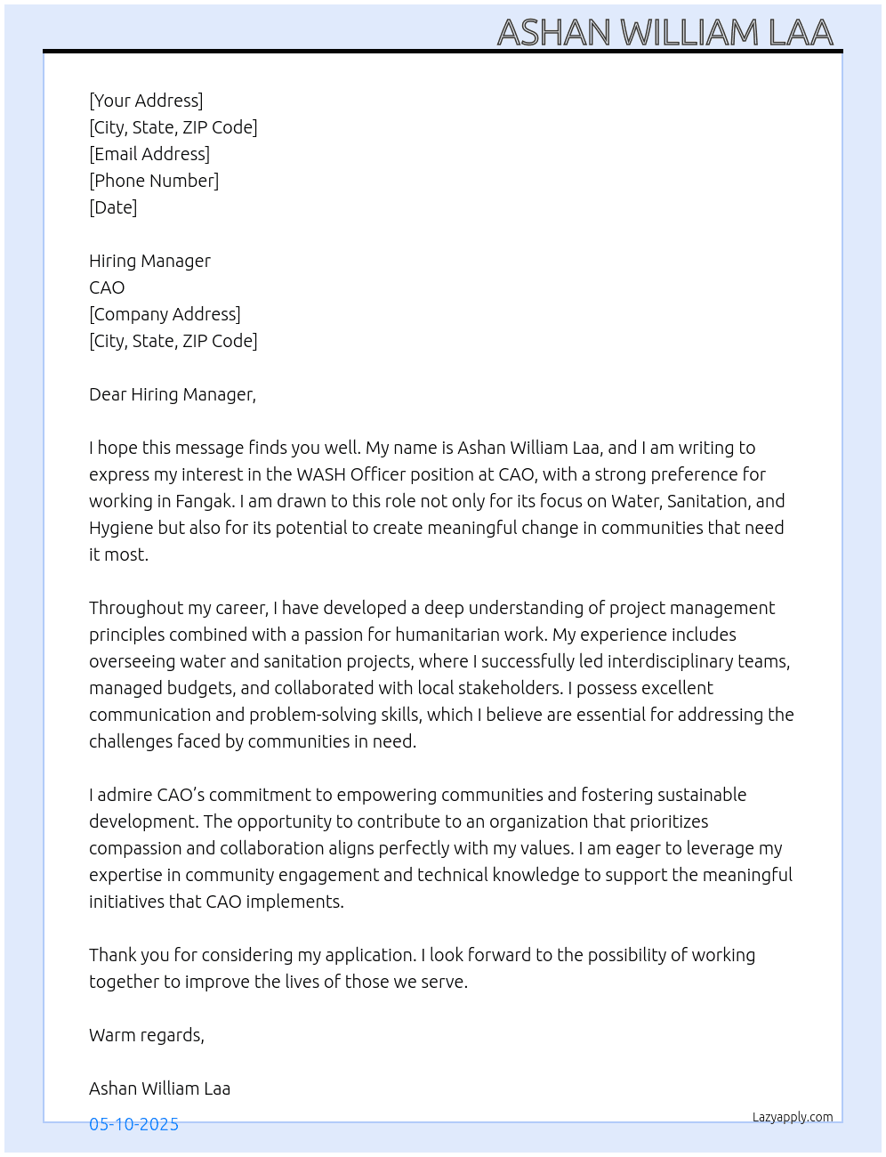 WASH OFFER At CAO Cover Letter