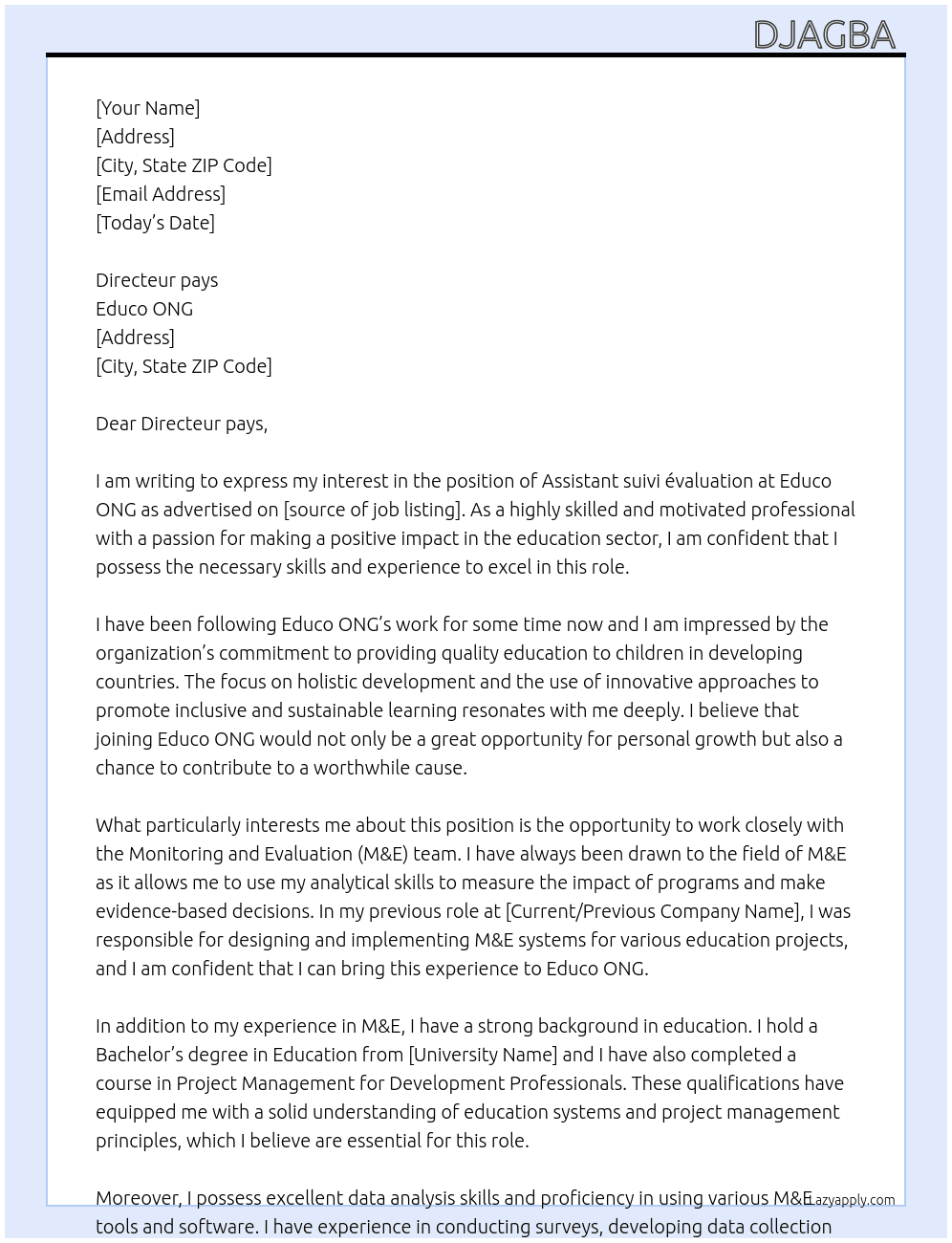 Assistant suivi évaluation  At Educo ONG Cover Letter