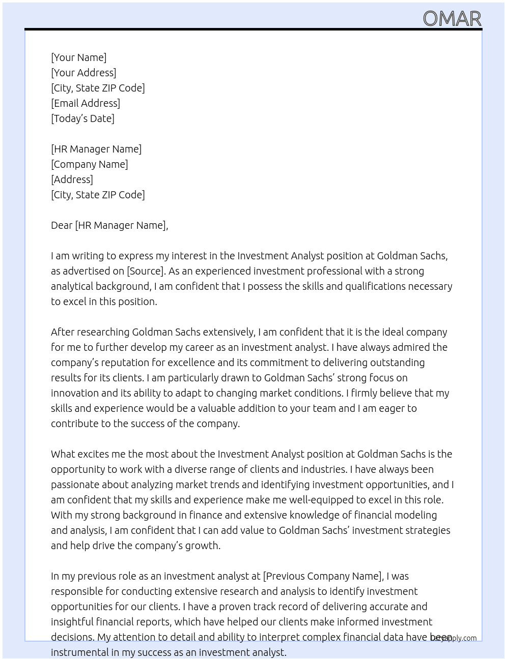 Investment analyst At Goldman sachs Cover Letter
