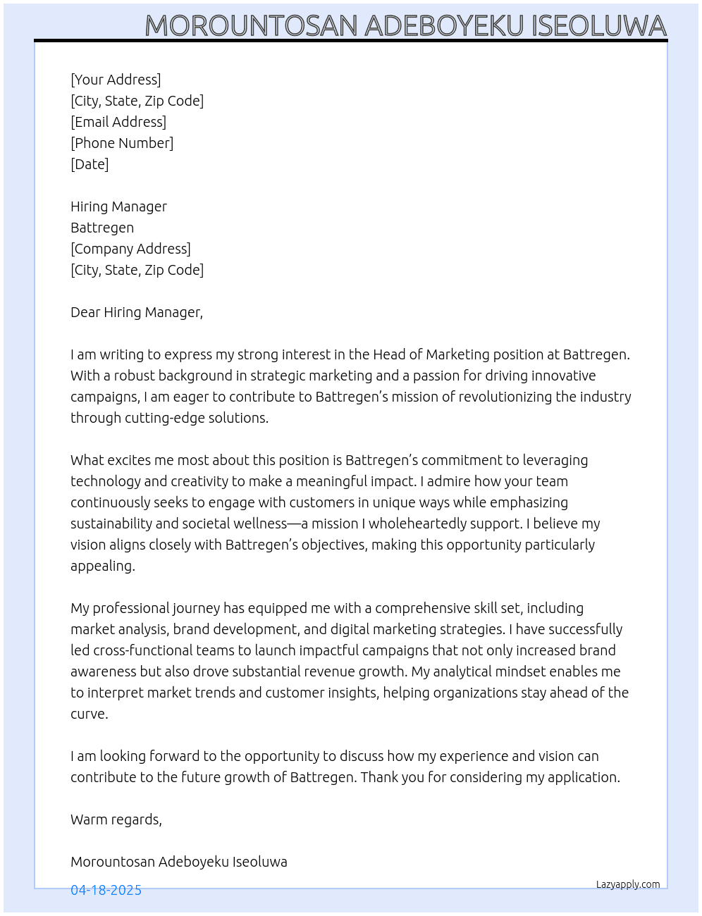 Head, Marketing At Battregen Cover Letter