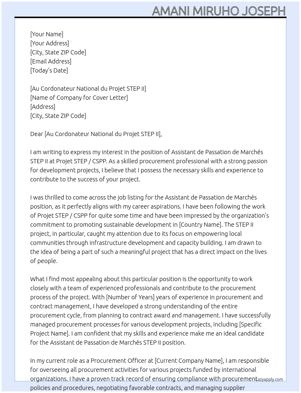 Assistant de passation de marchés STEP II At Projet STEP / CSPP Cover Letter