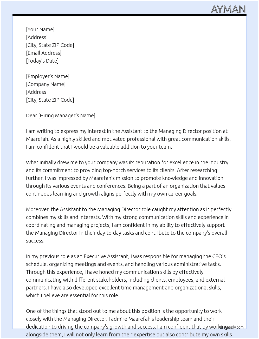  Assistant to the Managing Director At Maarefah Cover Letter