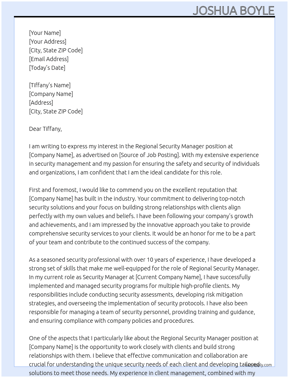 Regional Security Manager  At Tiffany Cover Letter