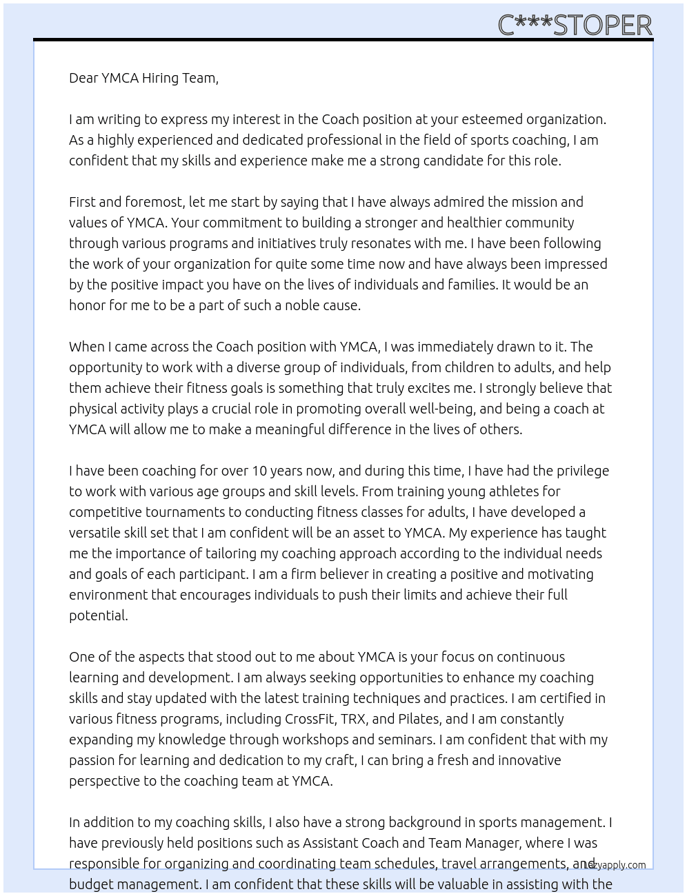 Coach At YMCA Cover Letter