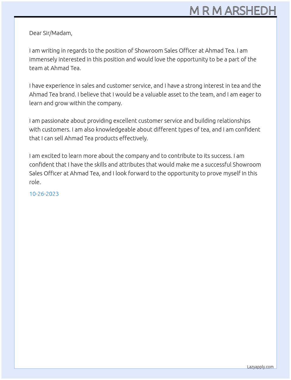 Showroom Sales Officer At Ahmad Tea Cover Letter
