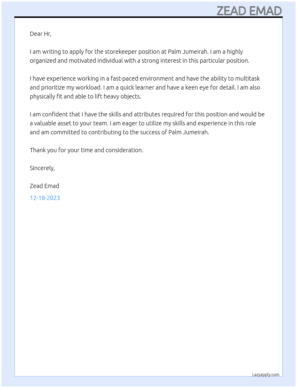 Storekeeper  At Palm Jumeirah  Cover Letter