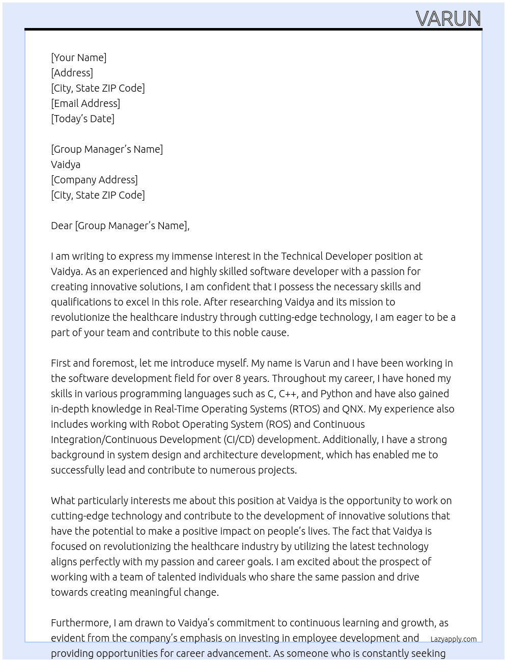 Technical Developer At Vaidya Cover Letter