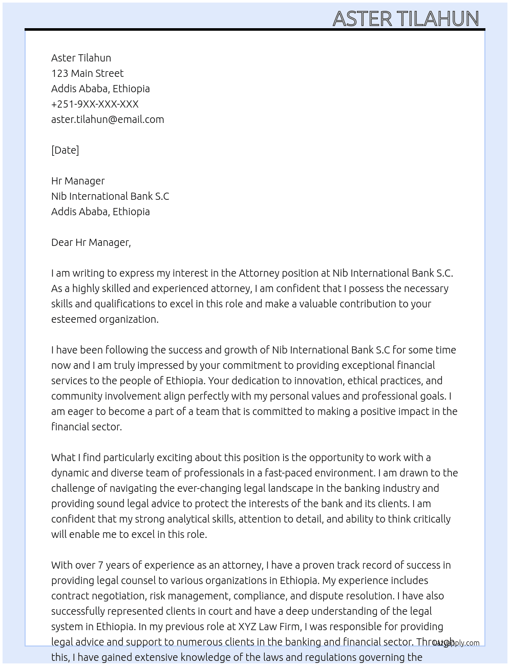 Attorney  At Nib International Bank S.C Cover Letter