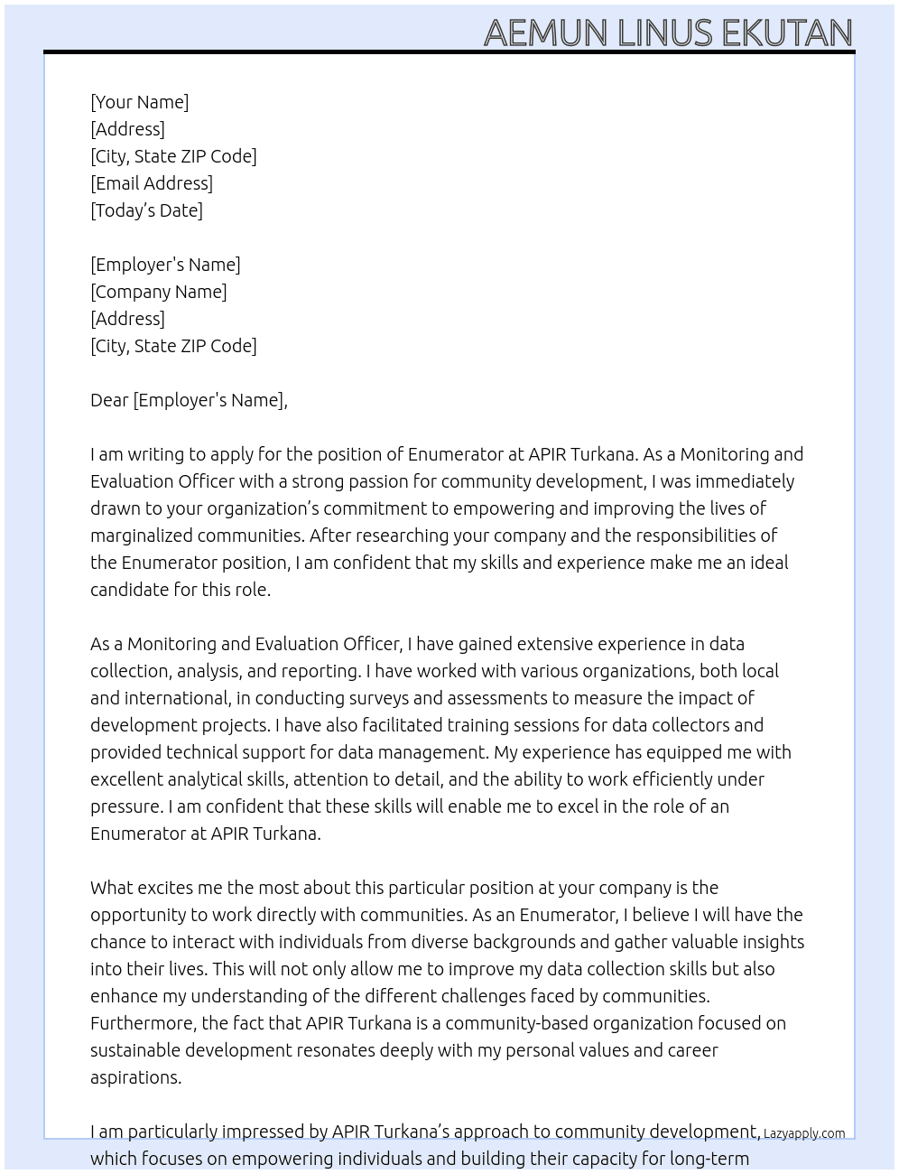 ENUMERATOR At APIR TURKANA Cover Letter