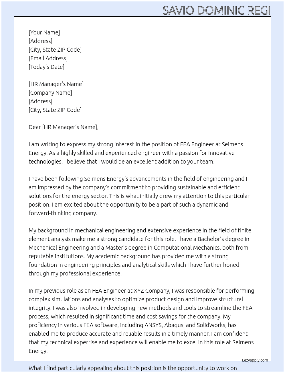 FEA Engineer At Seimens Energy Cover Letter