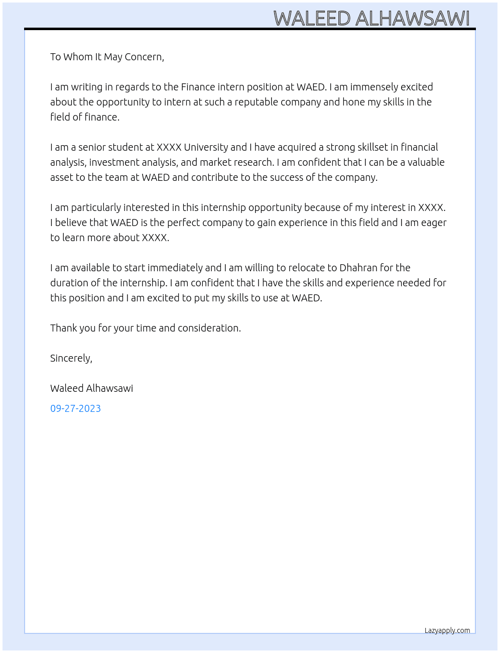 Finance intern At WAED Cover Letter
