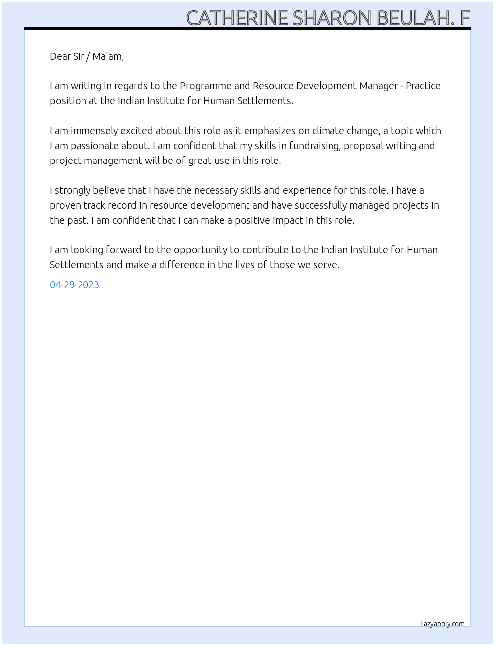 Programme and Resource Development Manager - Practice At Indian Institute for Human Settlements Cover Letter