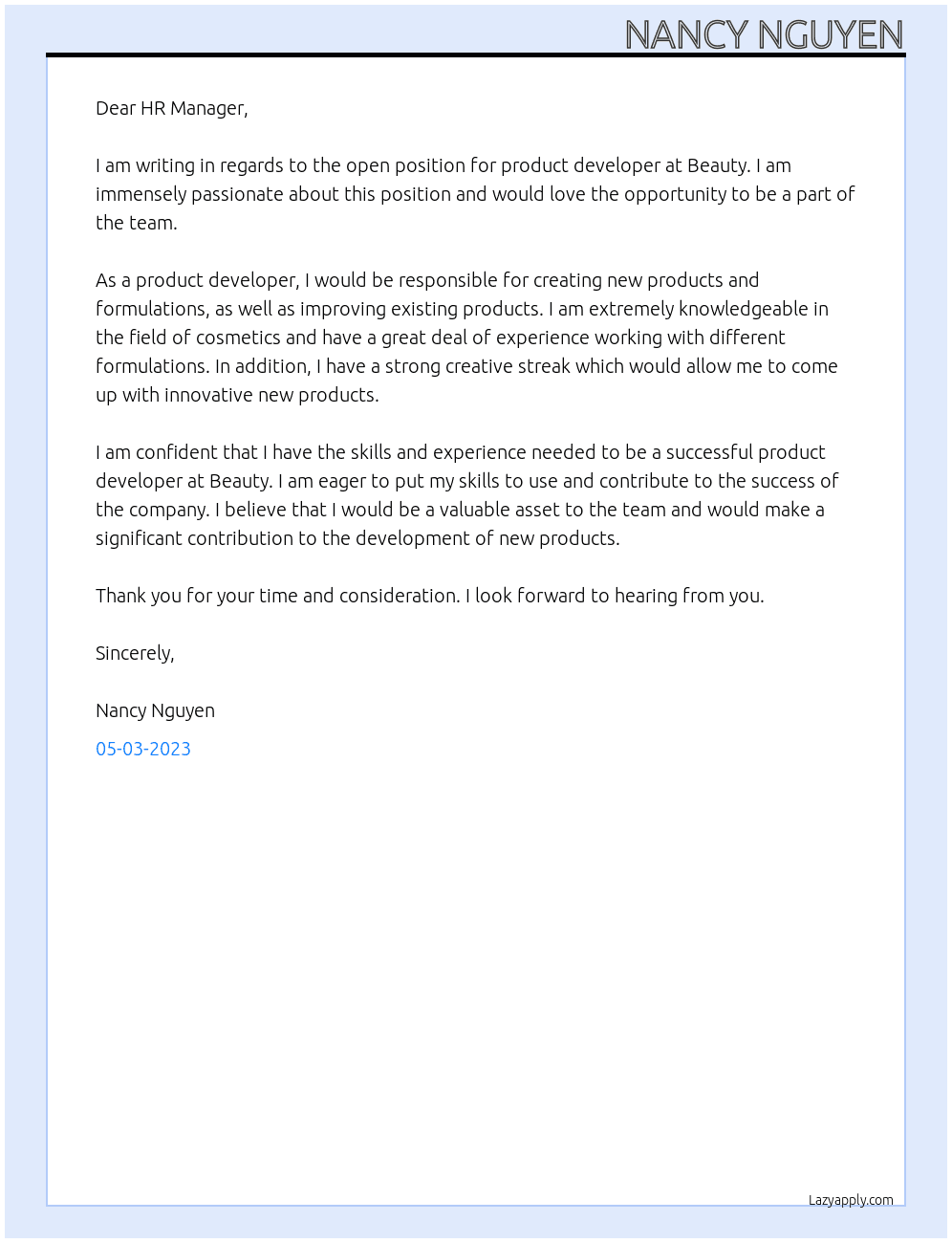 product developer At Beauty  Cover Letter