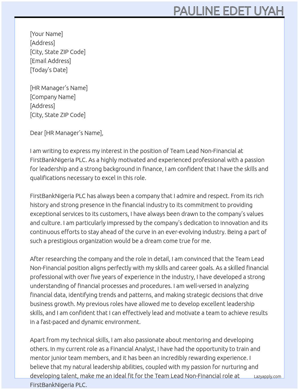 Team Lead Non-Financial At FirstBankNigeria PLC Cover Letter