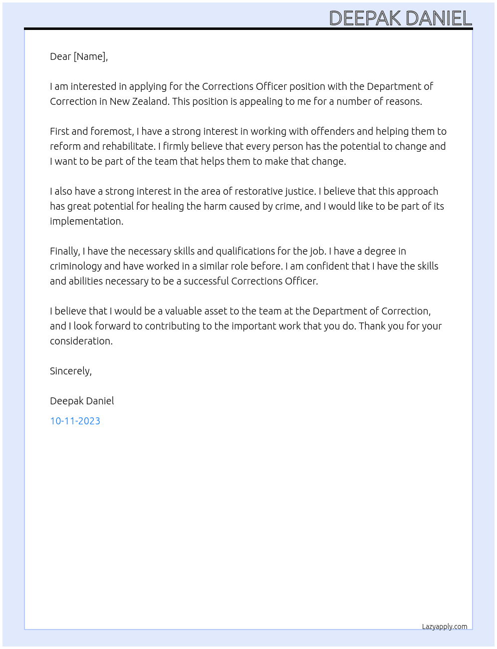 Corrections Officer At Department of correction, NewZealand Cover Letter