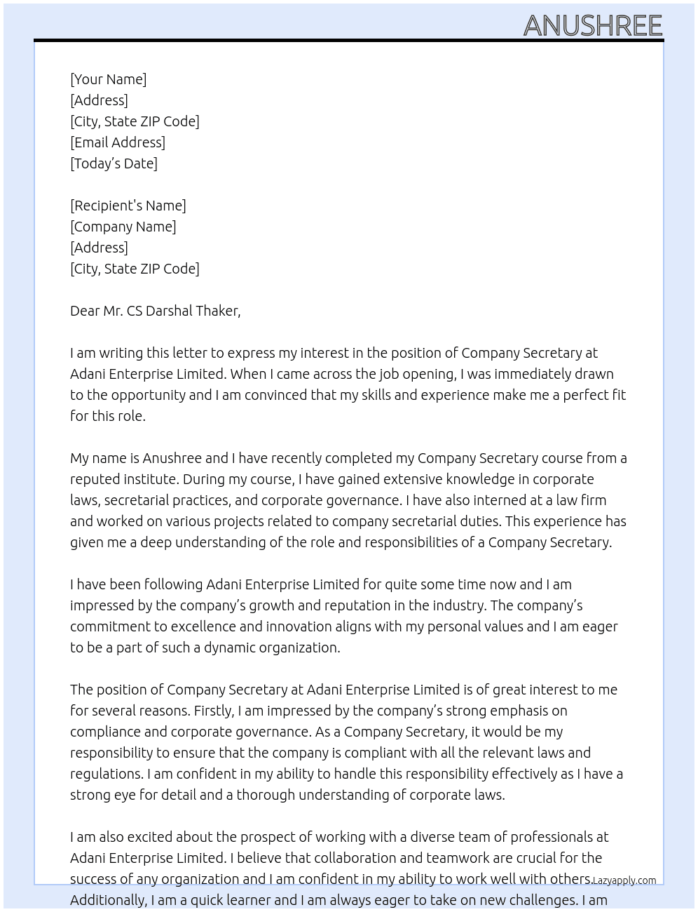 Company secretary At adani enterprise limited Cover Letter