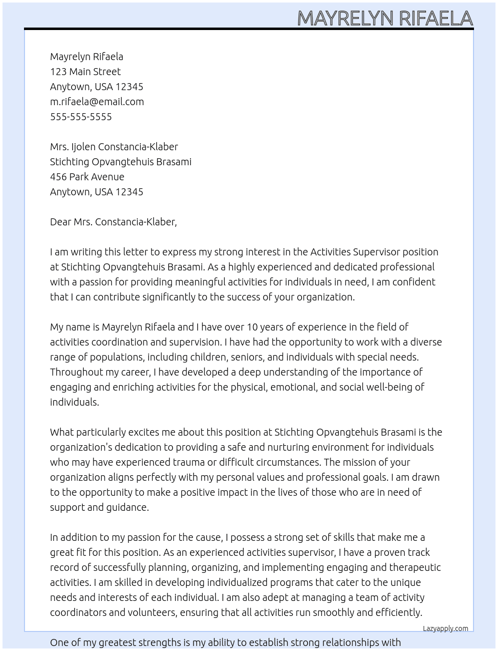 Activities Supervisor At Stichting Opvangtehuis Brasami Cover Letter
