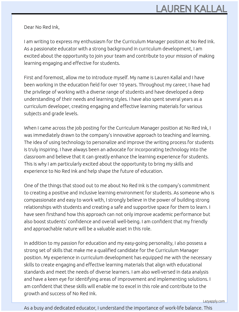 Curriculum Manager  At No Red Ink  Cover Letter