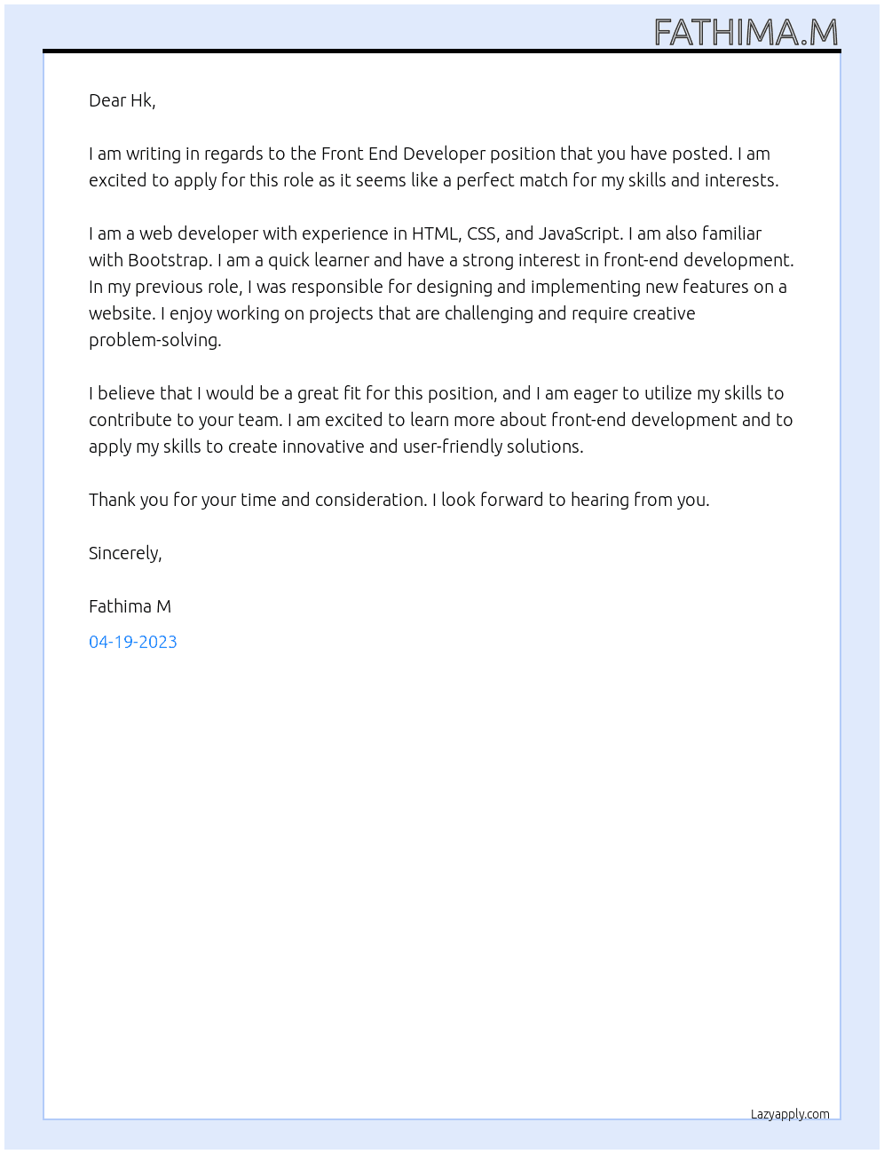 Front end developer  At Hk Cover Letter