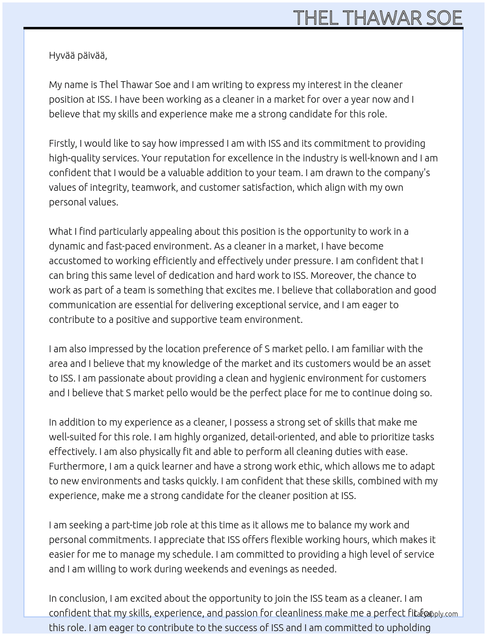 cleaner  At ISS Cover Letter