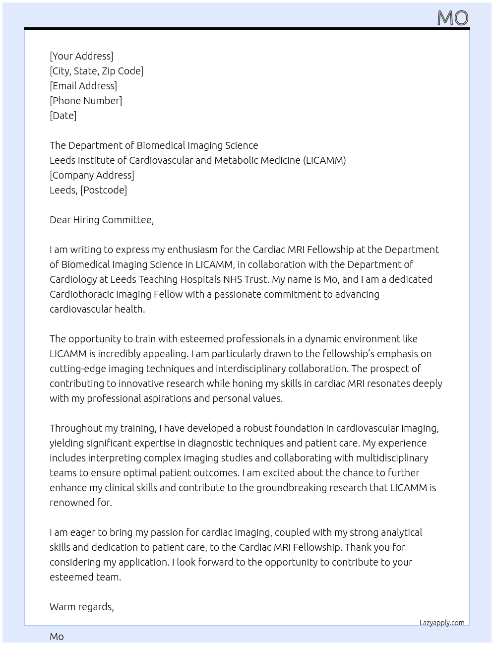 Cover letter for cardiac mri fellowship - LazyApply