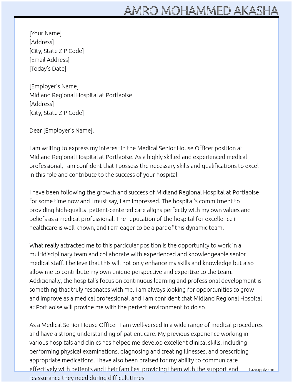 Medical Senior House Officer At Midland Regional Hospital at Portlaoise Cover Letter