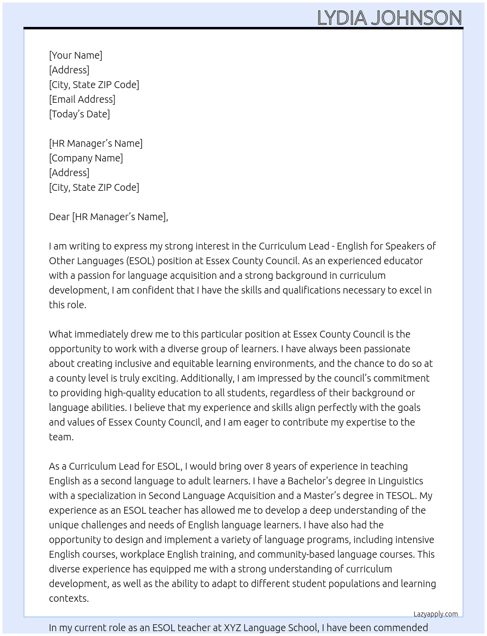 Curriculum Lead - English for Speakers of Other Languages (ESOL) At Essex County council  Cover Letter
