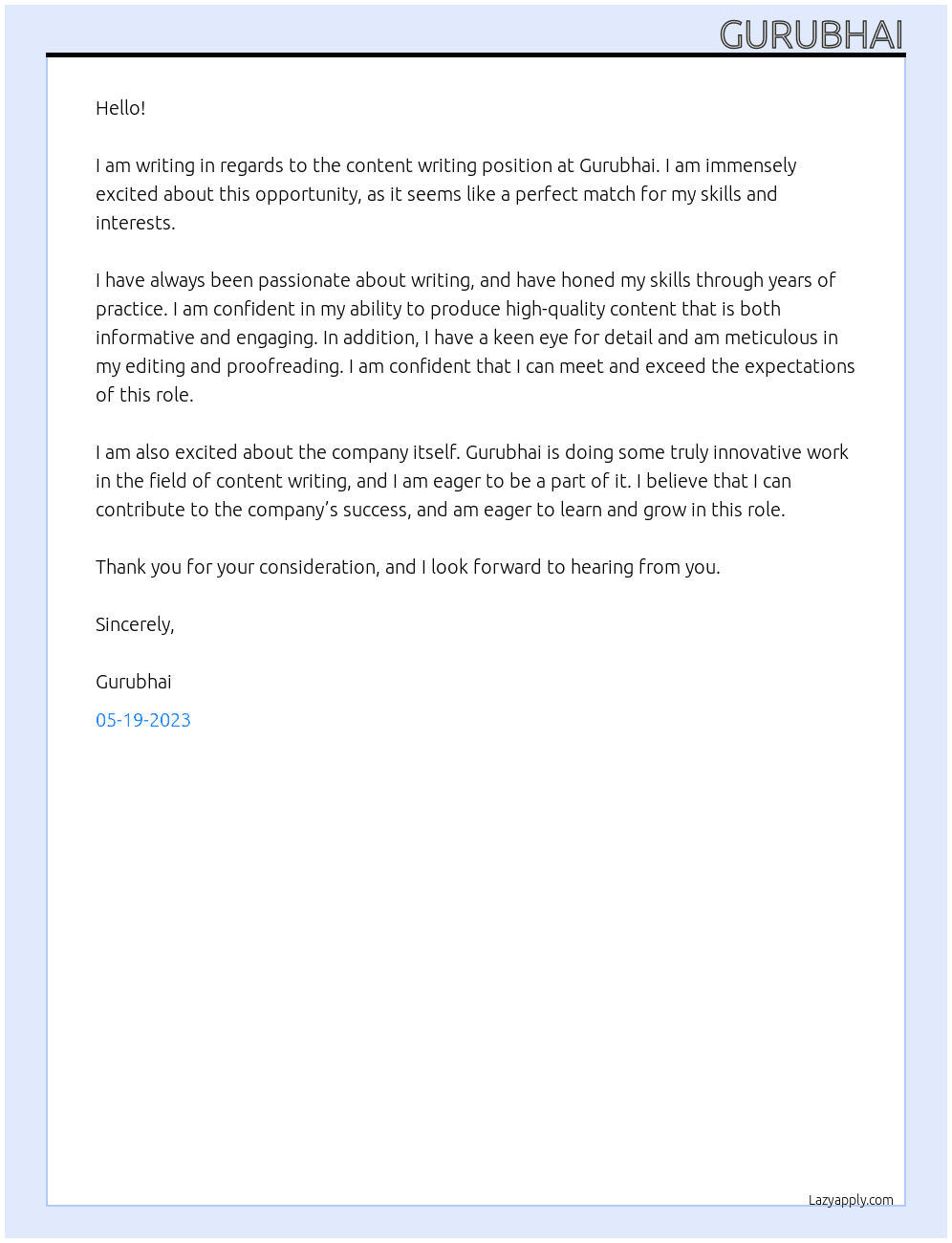 content writing At gurubhai Cover Letter