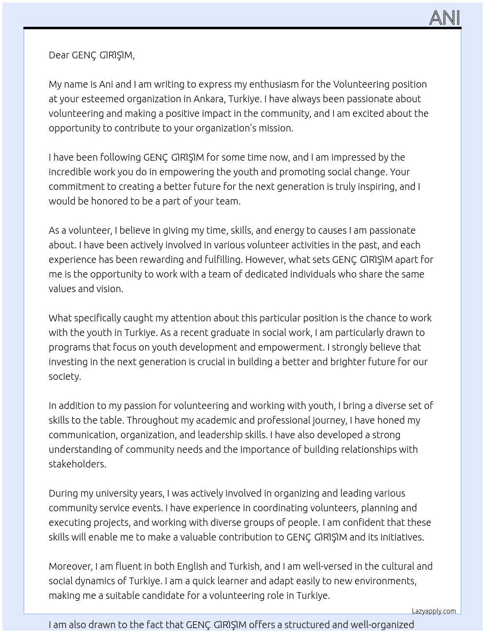 Volunteering in Ankara,Turkiye At GENÇ GİRİŞİM Cover Letter