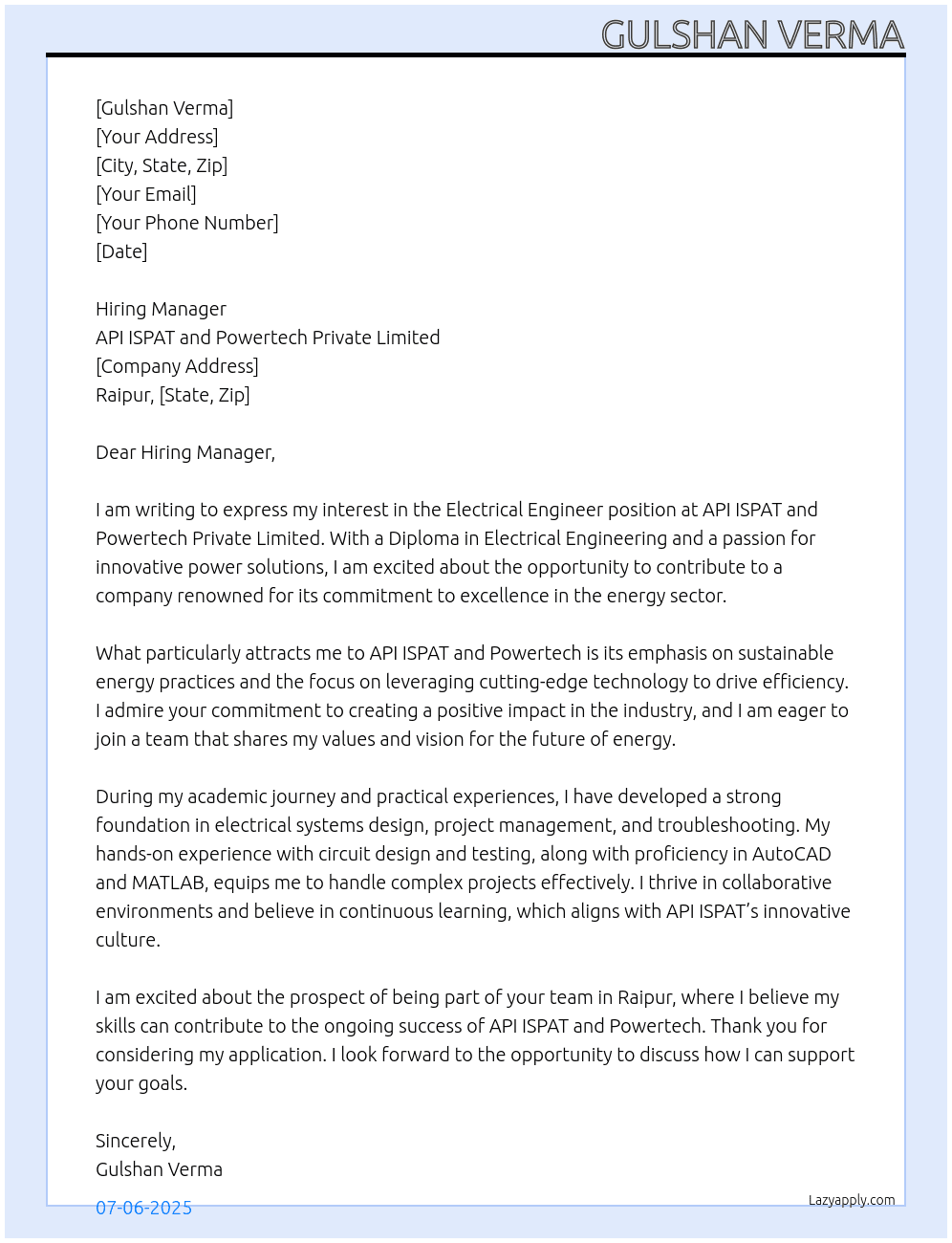 Electrical Engineer At API ISPAT and Powertech Private Limited Cover Letter