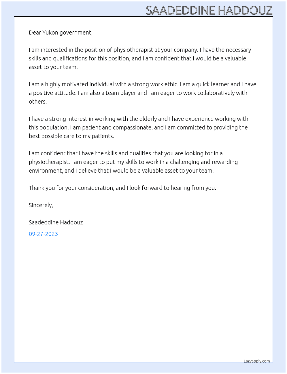 Physiotherapist At Yukon government Cover Letter