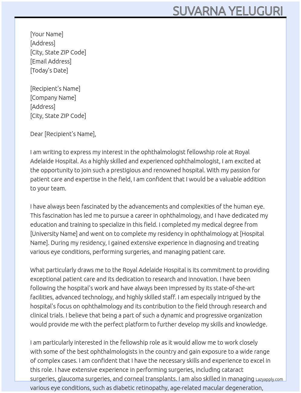 ophthalmologist  At royal adelide hospital  Cover Letter