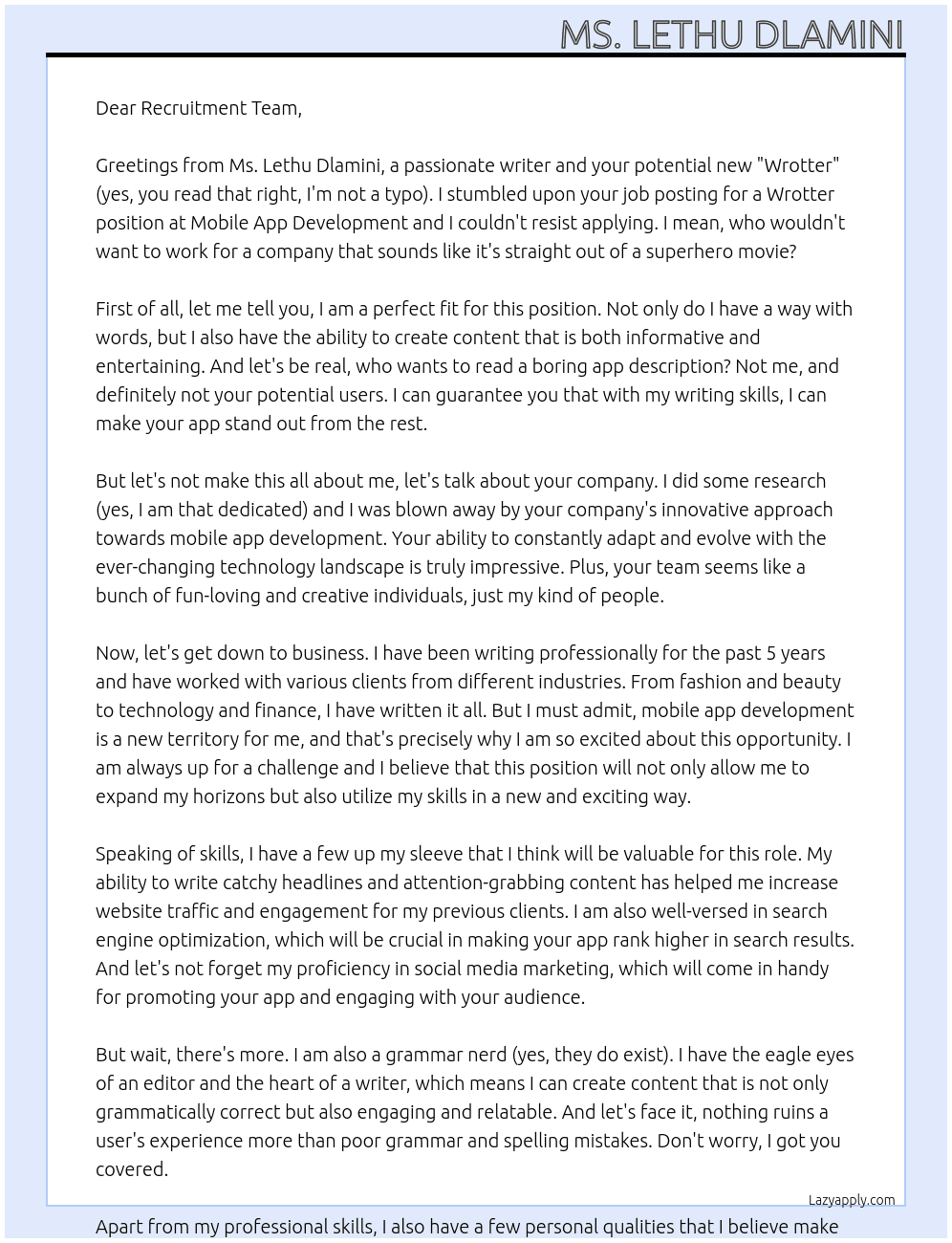 Wrotter At Mobile App Development  Cover Letter