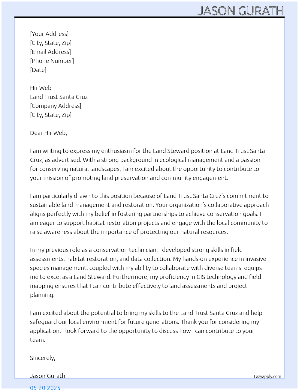 Cover letter for land-steward - LazyApply