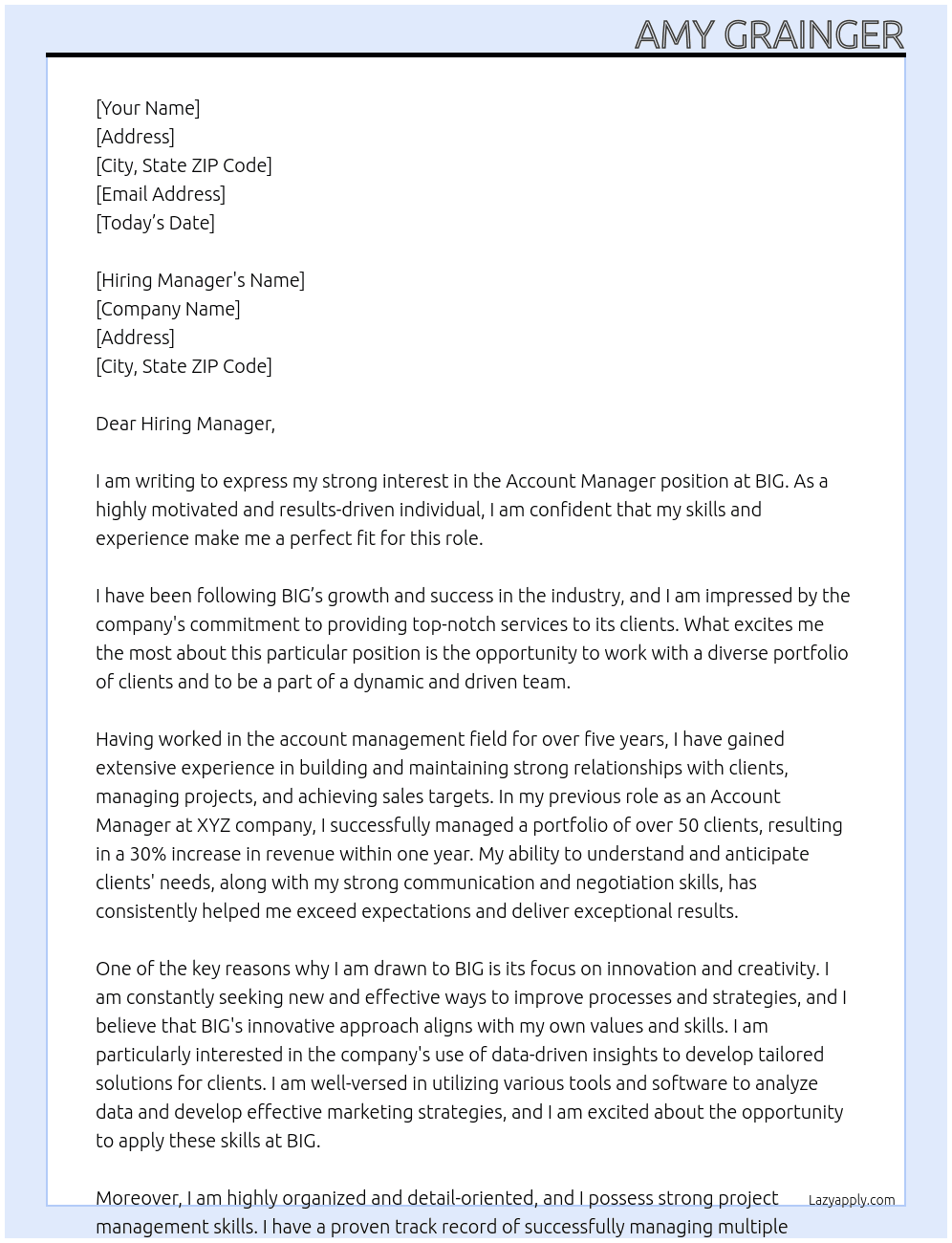 Account Manager At BIG Cover Letter