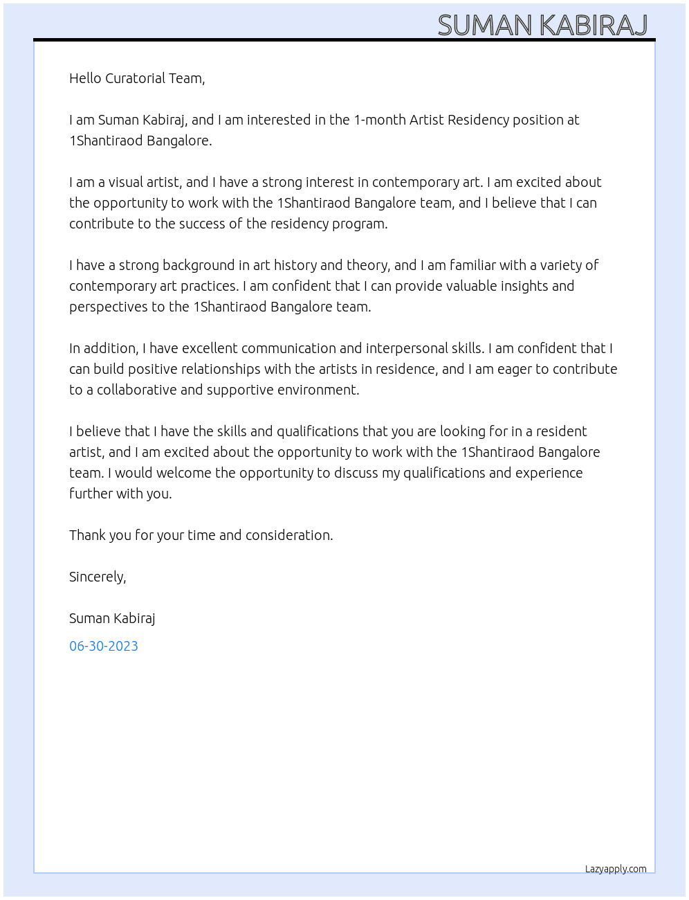 1month Artist Residency  At 1Shantiraod Bangalore  Cover Letter