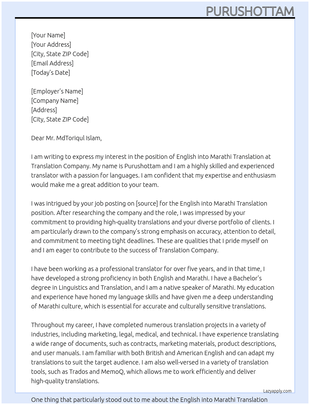 English into Marathi translation At Translation Company Cover Letter