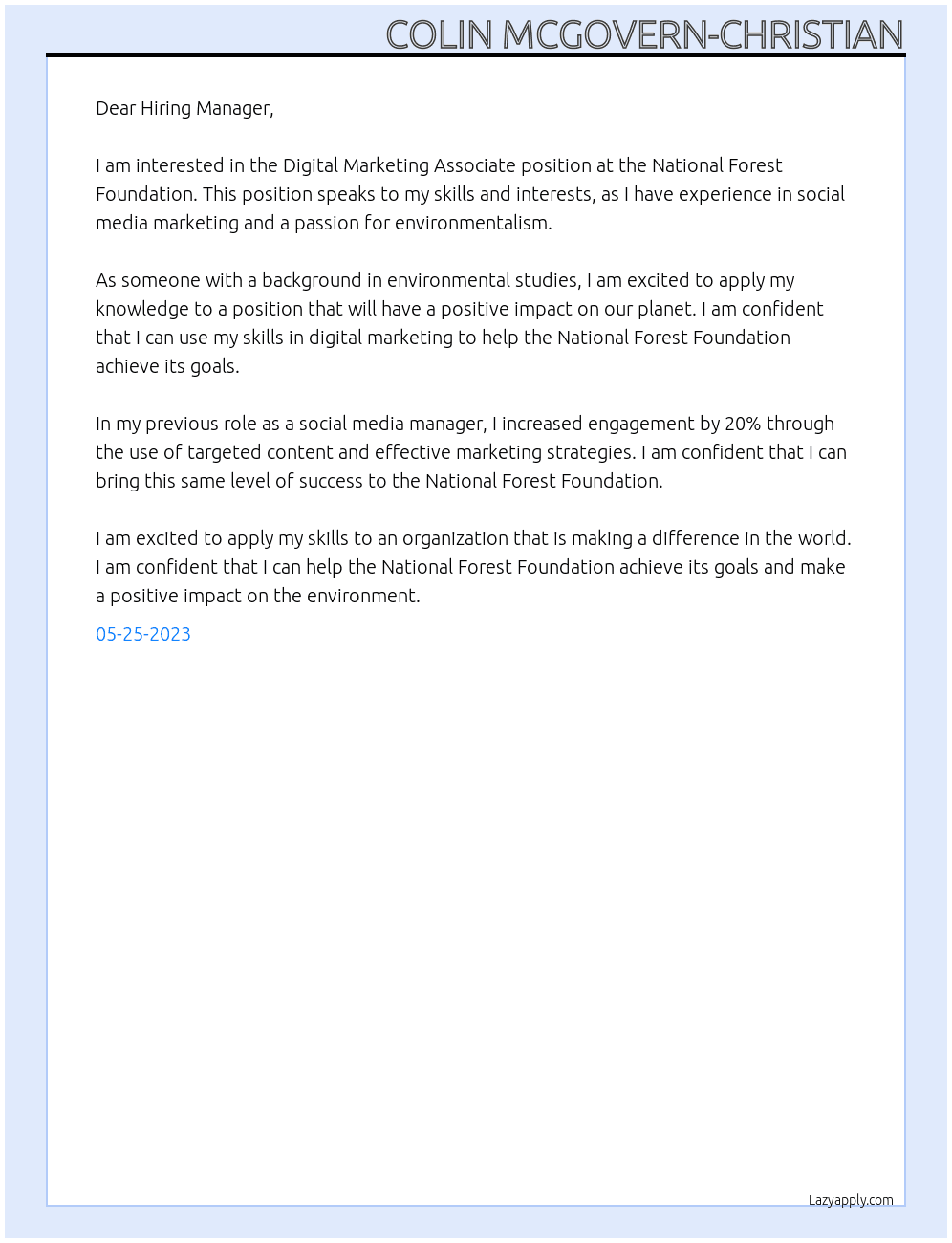 Digital Marketing Associate At National Forest Foundation Cover Letter