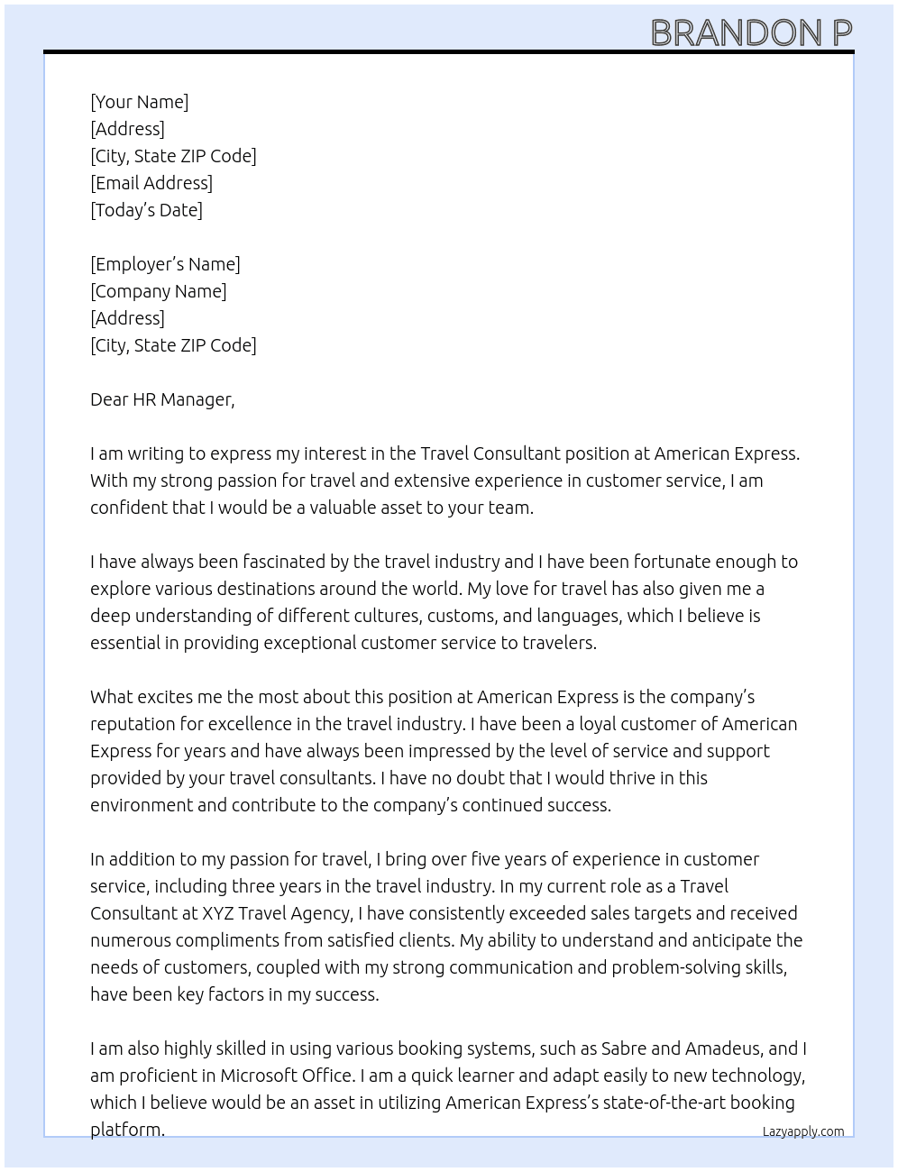 Travel Consultant At American Experess Cover Letter