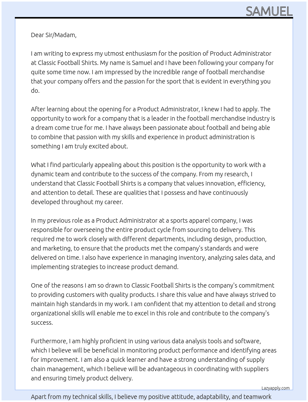 Product administrator  At Classic football shirts  Cover Letter
