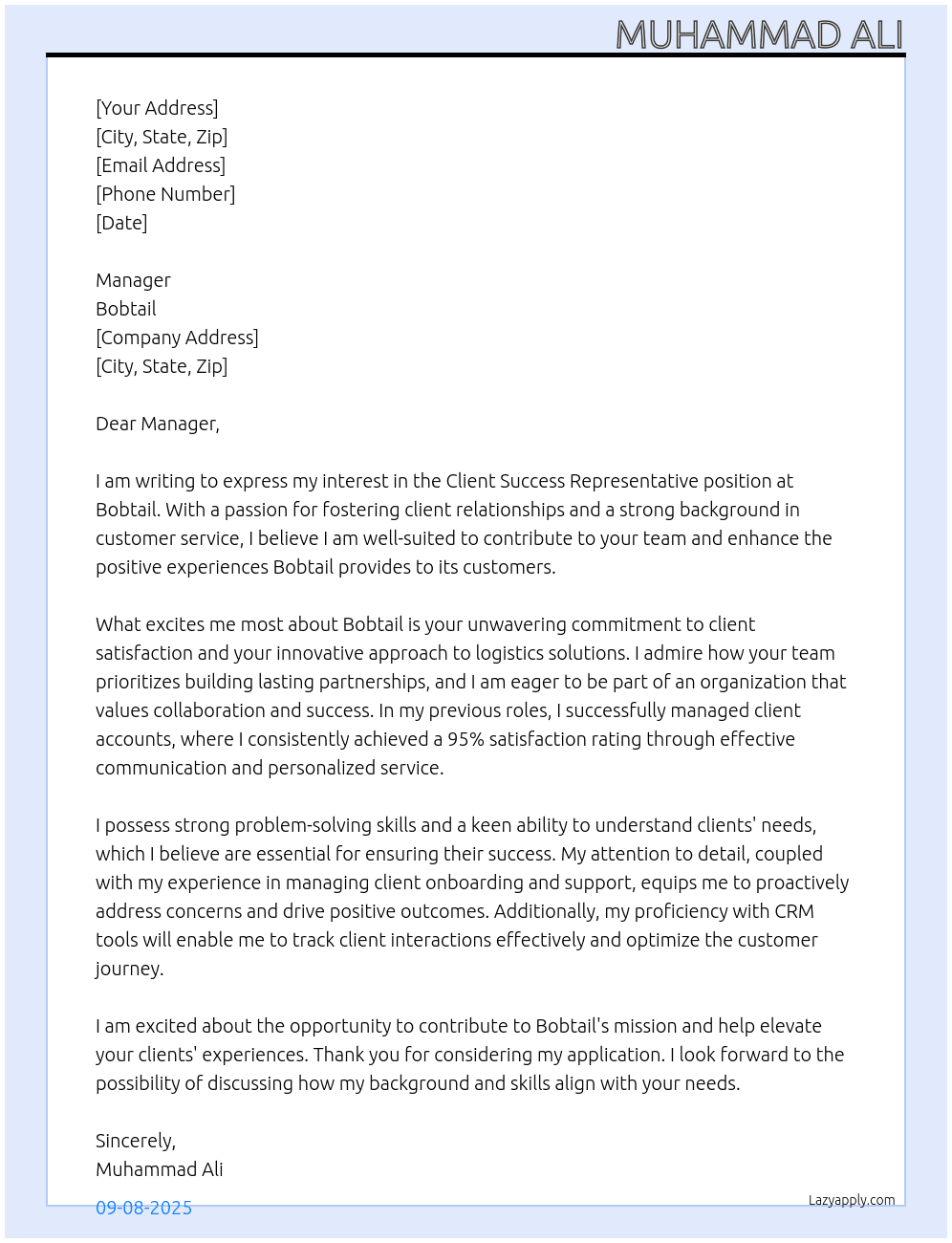Client Success Representative At Bobtail Cover Letter