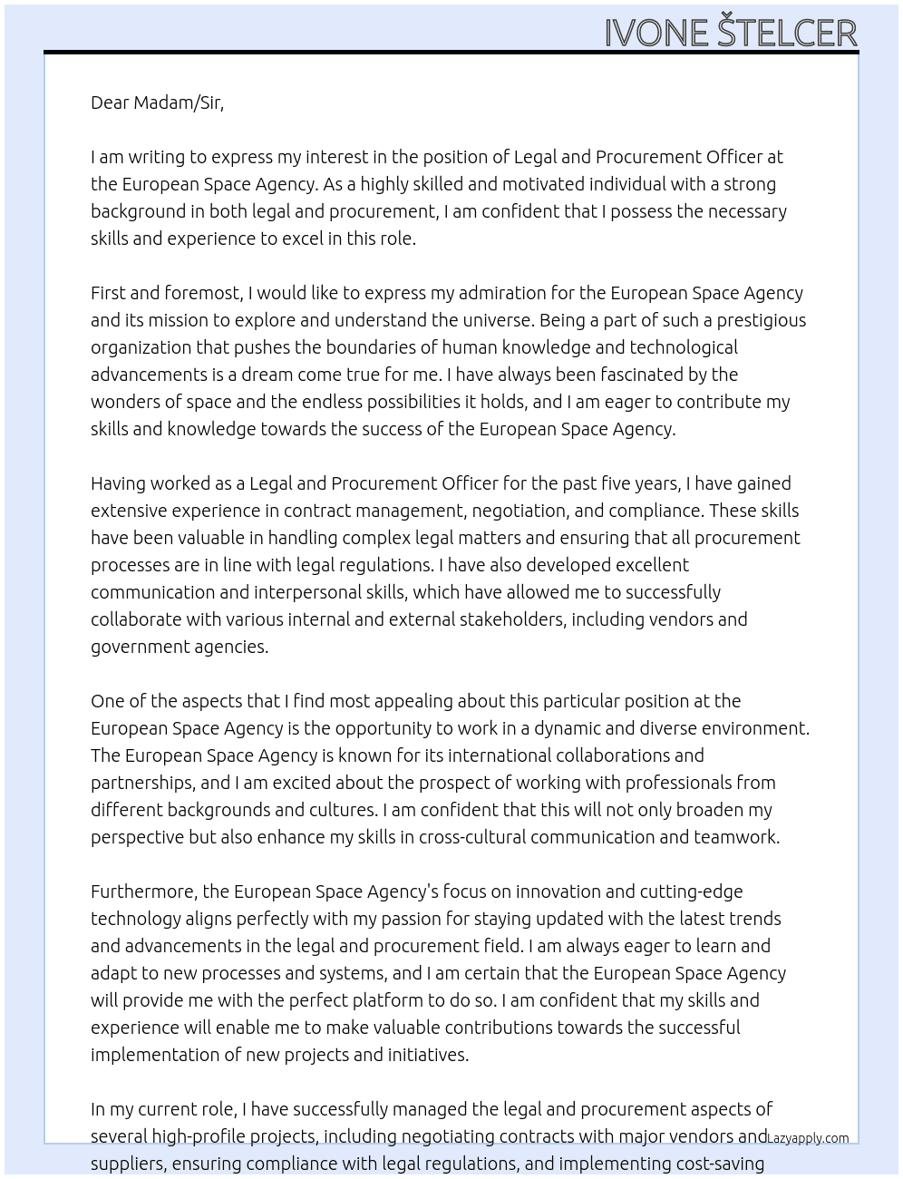 Legal and Procurement Officer At European Space Agency Cover Letter