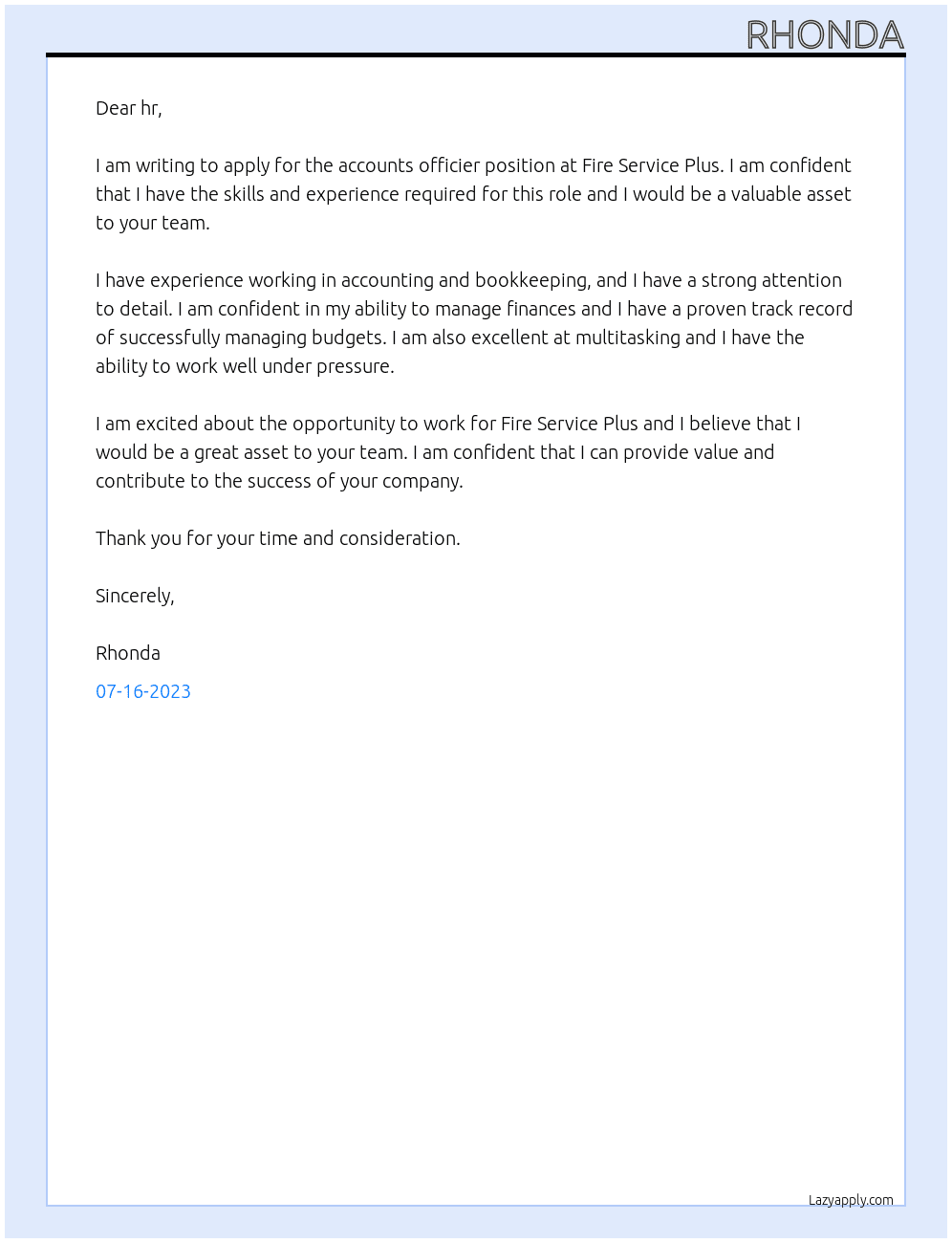 accounts officier At Fire Service Plus Cover Letter