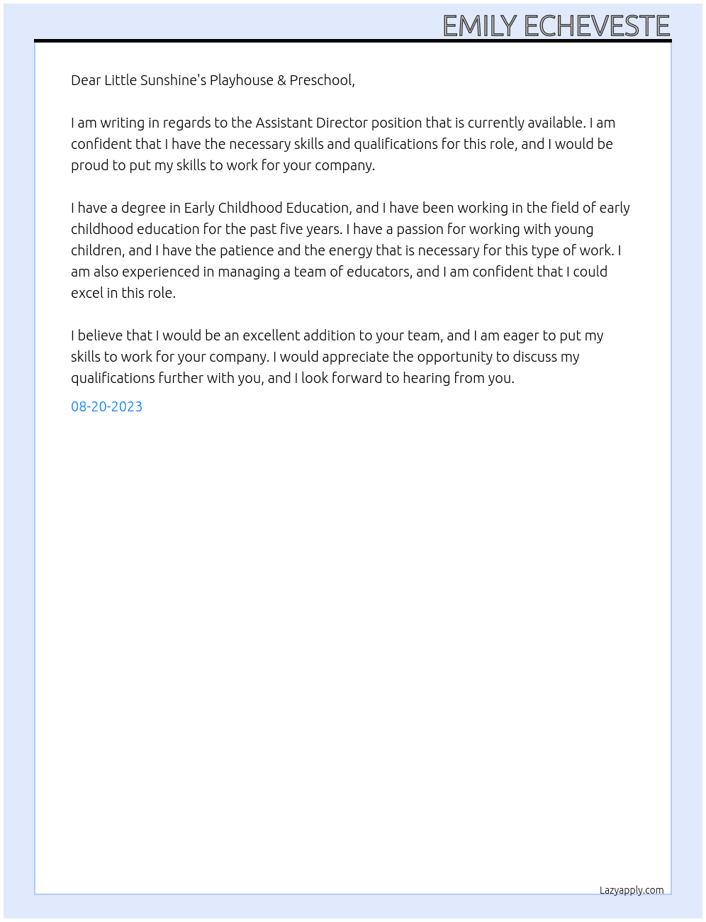 Assistant Director At Little Sunshine's Playhouse & Preschool Cover Letter