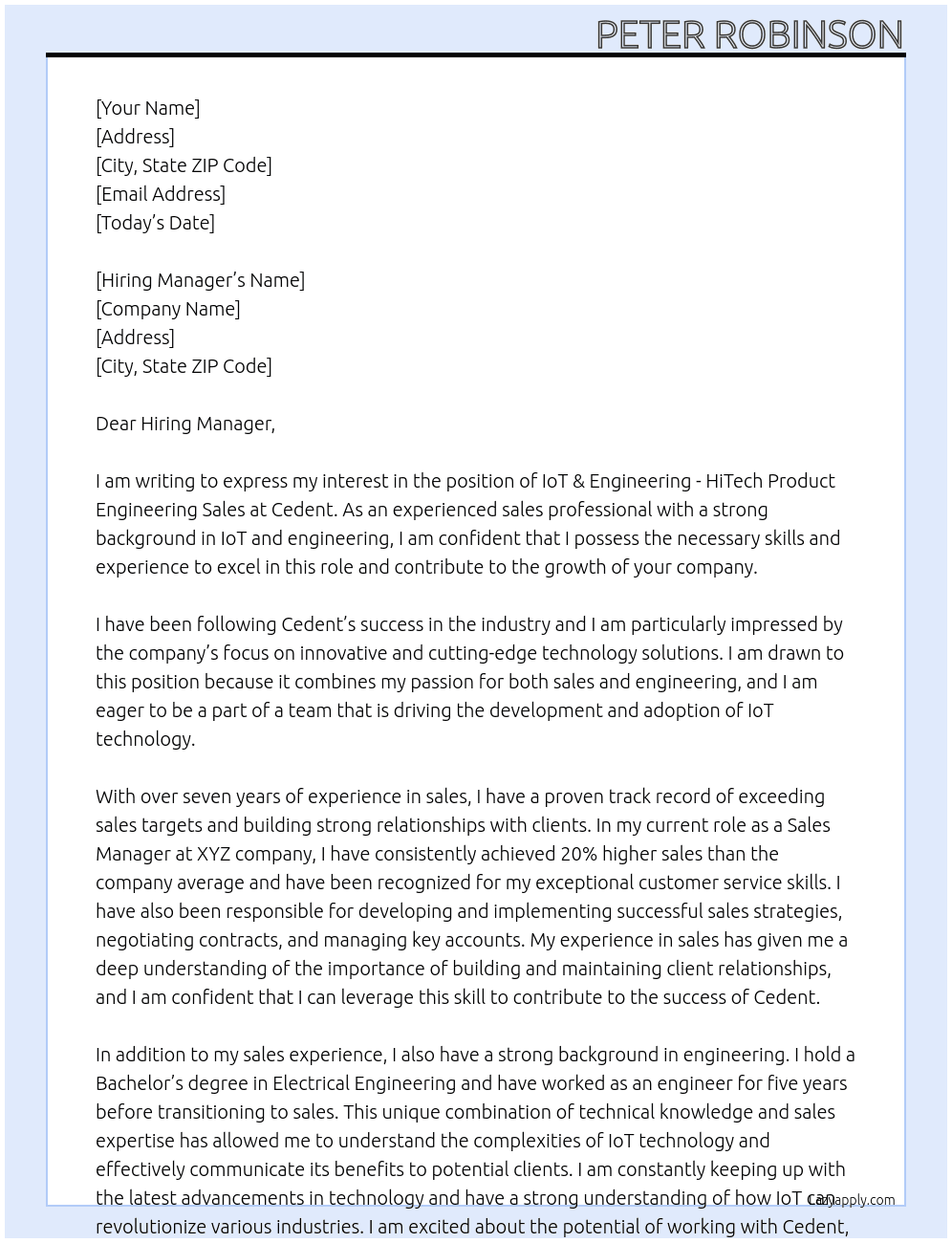 IoT & Engineering - HiTech Product Engineering Sales At Cedent Cover Letter