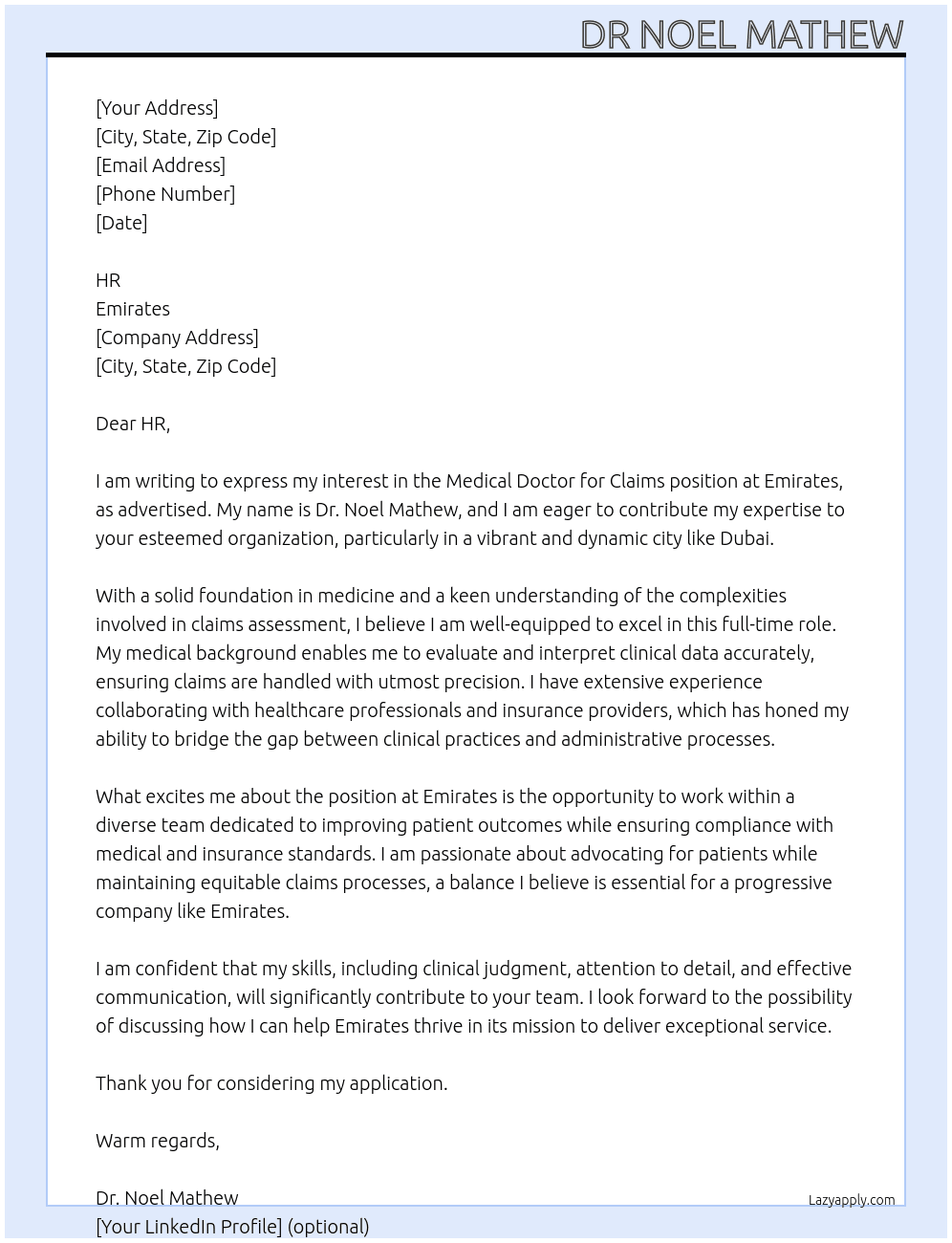 Cover letter for medical doctor for claims - LazyApply