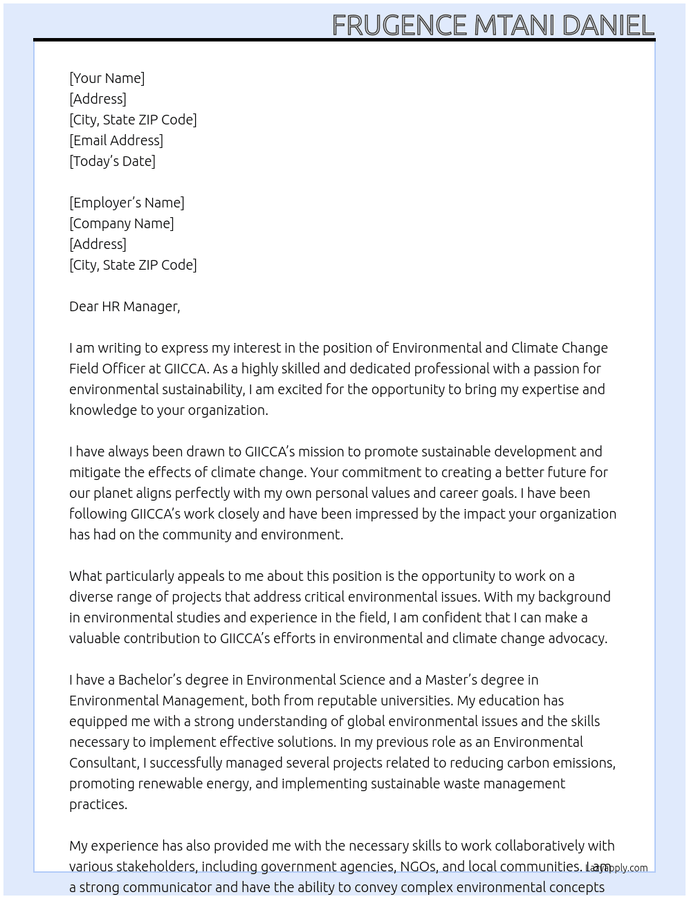 Environmental and climate change field officer At GIICCA Cover Letter