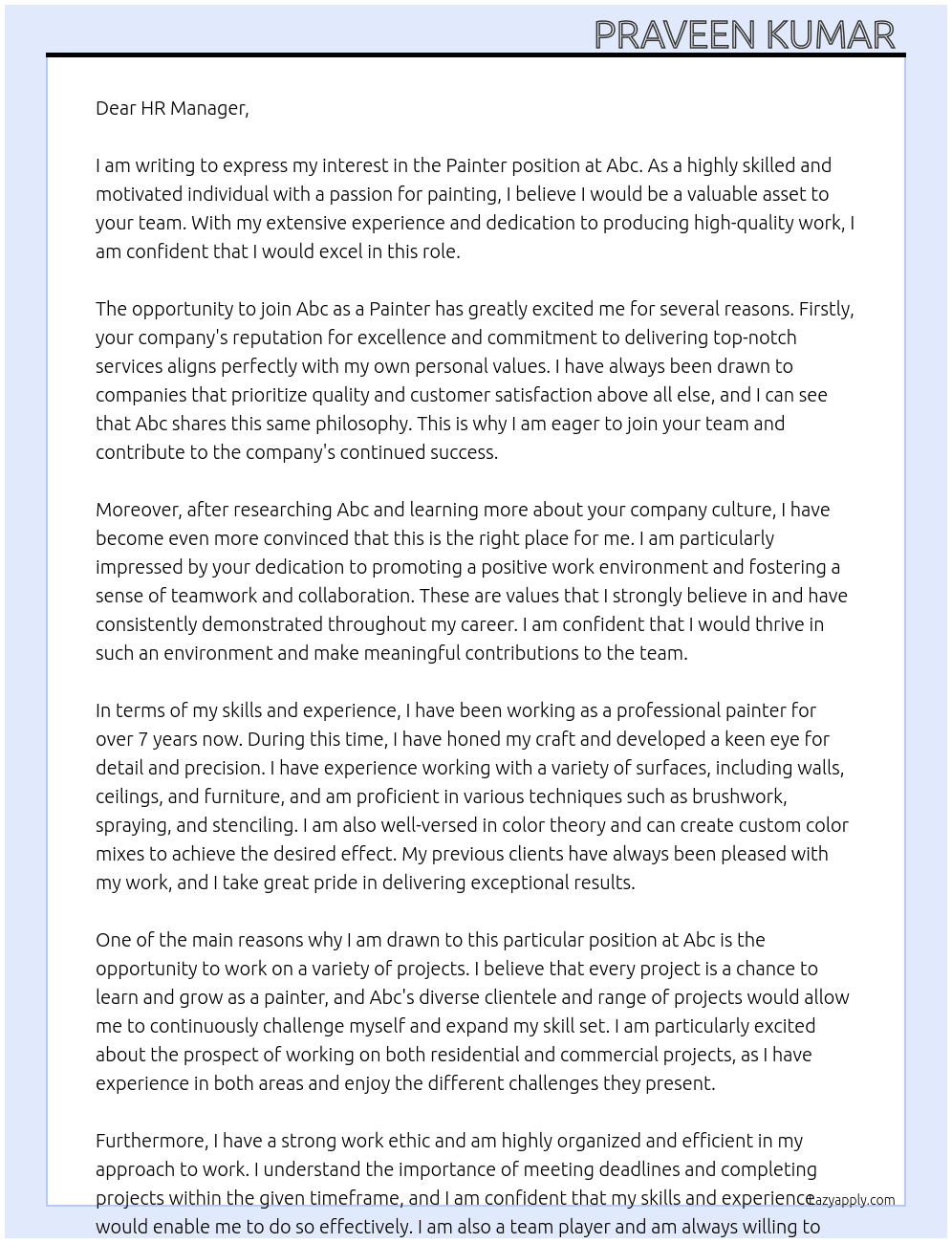 Painter  At Abc Cover Letter